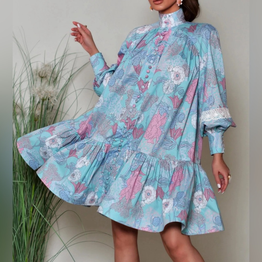 Women dress Floral Puff Sleeve High Collar Tapered Waist Mini Dress - XL